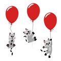 Cute gray kittens are flying on red balloons. Funny happy cats. Cartoon vector flat illustration isolated on white background. Royalty Free Stock Photo