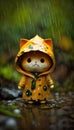 Cute gray kitty, kitten, cat with big eyes in yellow raincoat, coat, boots on the forest floor.