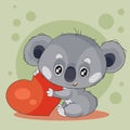 Cute gray koala character holds in his paws a big red heart wants to give it, green background, Royalty Free Stock Photo