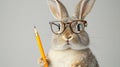 Cute Gray Rabbit Wearing Glasses Holding Pencil Royalty Free Stock Photo
