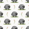 Cute gray sheep in field cartoon seamless vector pattern. Hand drawn agriculture livestock. Farm animal with flower all