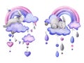 A cute gray stitched bunnies lies and sleeps on a clouds with rainbow, garland flags, hearts hanging on ropes with bows
