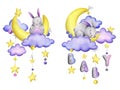 A cute gray stitched bunny lies and sleeps on a yellow moon with clouds, stars, the letters BABY hanging on ropes with Royalty Free Stock Photo