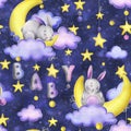 A cute gray stitched bunny lies and sleeps on a yellow moon with clouds, stars, the letters BABY hanging on ropes with Royalty Free Stock Photo