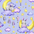 A cute gray stitched bunny lies and sleeps on a yellow moon with clouds, stars, the letters BABY hanging on ropes with Royalty Free Stock Photo