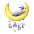 A cute gray stitched bunny lies and sleeps on a yellow moon with the letters BABY hanging on ropes with bows. Watercolor Royalty Free Stock Photo