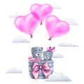 Cute, gray teddy bears, a girl and a boy in a wicker basket with a bow, fly on balloons, shape of hearts among the Royalty Free Stock Photo
