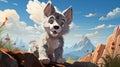 cute gray wolf cub in the mountains - Children's illustration in cartoon style Royalty Free Stock Photo