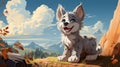 cute gray wolf cub in the mountains - Children's illustration in cartoon style 2 Royalty Free Stock Photo