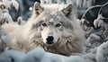 Cute gray wolf sitting in snow, looking at camera generated by AI Royalty Free Stock Photo