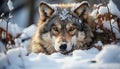 Cute gray wolf sitting in snow, looking at camera generated by AI Royalty Free Stock Photo