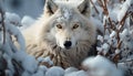 A cute gray wolf in the snow, looking at camera generated by AI Royalty Free Stock Photo