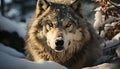 A cute gray wolf in the snow, looking at the camera generated by AI Royalty Free Stock Photo