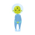 Cute green alien in blue clothes is hesitate to ask