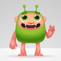 Cute green alien invader with silly smile and funny ears. Fluffy character isolated on light background for your kids