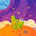 Cute green alien that looks like a caterpillar among planets and stars. Space landscape. Childrens cartoon illustration Royalty Free Stock Photo