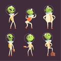 Cute Green Alien Visitors in Space Suits Smiling and Posing Vector Set