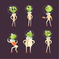 Cute Green Alien Visitors in Space Suits Smiling and Posing Vector Set