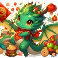 A cute green anime dragon, dancing in a happy face, in a dynamic pose with fruits, cheerful, graceful, cartoon, magical animal Royalty Free Stock Photo