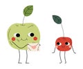Cute Green Apple and Cherry, Cheerful Berry and Fruit Characters with Funny Faces, Best Friends, Happy Couple in Love