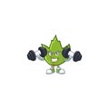 Cute green autumn leaves in character with bring barbell.