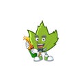 Cute green autumn leaves with mascot bring beer