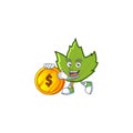 Cute green autumn leaves with mascot bring coin