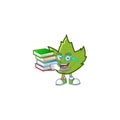 Cute green autumn leaves with mascot student bring book