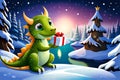 cute green baby dragon as a symbol of new 2024 year in winter wonderland, christmas and new year festive postcard