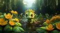 Cute green baby dragon among beautiful yellow flowers