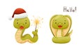 Cute Green Baby Snake as Crawling Creature Wearing Hat Holding Firecracker and Saying Hello Vector Set