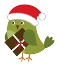 Cute Green Bird Wearing Santa Claus Hat Holding Christmas Gift Box . Vector Cute Christmas Bird Royalty Free Stock Photo