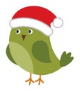 Cute Green Bird Wearing Santa Claus Hat. Vector Cute Christmas Bird Royalty Free Stock Photo