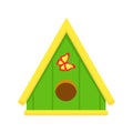 Cute green birdhouse with yellow roof, decorated with butterfly