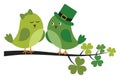 Cute Green Birds Sitting on Shamrock Branch. Vector St. Patrick Birds