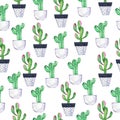 Cute green cactus house plants in white and black pots seamless pattern. Watercolor. Royalty Free Stock Photo