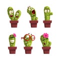 Cute Green Cactus in Pot as Funny Prickly Plant with Face Expression Vector Set Royalty Free Stock Photo