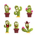 Cute Green Cactus in Pot as Funny Prickly Plant with Face Expression Vector Set Royalty Free Stock Photo