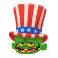 Cute green cartoon monster wearing Uncle Sam hat. Design character for American Independence Day. Vector illustration Royalty Free Stock Photo