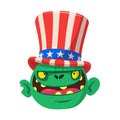 Cute green cartoon monster wearing Uncle Sam hat. Design character for American Independence Day. Vector illustration Royalty Free Stock Photo