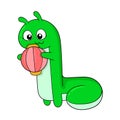 Cute green caterpillar holding a playing ball, doodle icon image kawaii Royalty Free Stock Photo