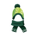 Cute green childish bobble hat and scarf vector flat illustration. Woolen warm seasonal headdress with pompom for kids