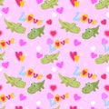 Cute green crocodie with heart shape and love letter seamless pattern. Royalty Free Stock Photo