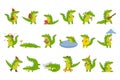 Cute Green Crocodile Engaged in Different Activities Vector Illustration Set