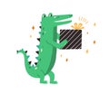 Cute green crocodile holding birthday gift. Baby animal in scandi style. Little smiling gator with present in paws