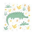 Cute green crocodile with plants. Children`s poster with a crocodile. Postcard with aligator. Hand drawn style