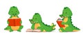 Cute green crocodile reads an interesting book, set of isolated animal alligator figurines. Vector illustration in