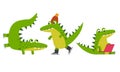 Cute Green Crocodile Sitting with Laptop and Figure Skating Vector Illustration Set