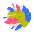 Cute Green Dinosaur Animal Peeking Out of Round Hole with Colorful Foliage Vector Illustration