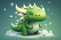 A cute green dinosaur-like dragon stands in the snow